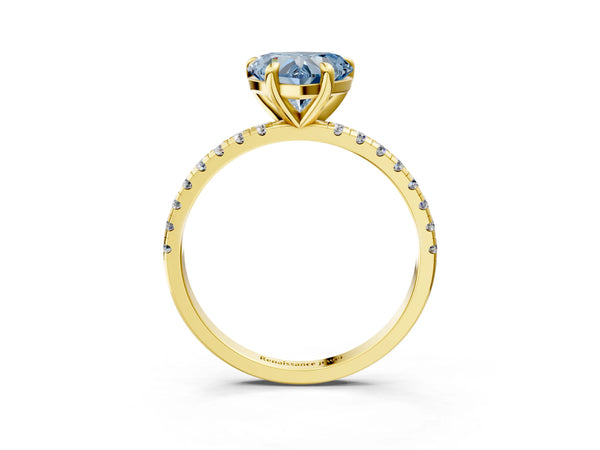 Yellow gold Fancy Blue Heart Cut Diamond Brilliant Solitaire Ring with Pavé Band and Four-Prong Setting