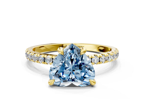 Yellow gold Fancy Blue Heart Cut Diamond Brilliant Solitaire Ring with Pavé Band and Four-Prong Setting