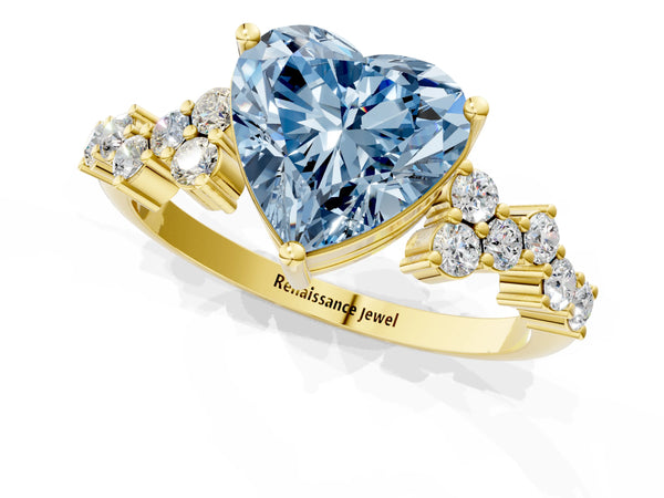 Yellow gold Fancy Blue Heart Cut Diamond Cluster Pavé Band with Four-Prong Setting