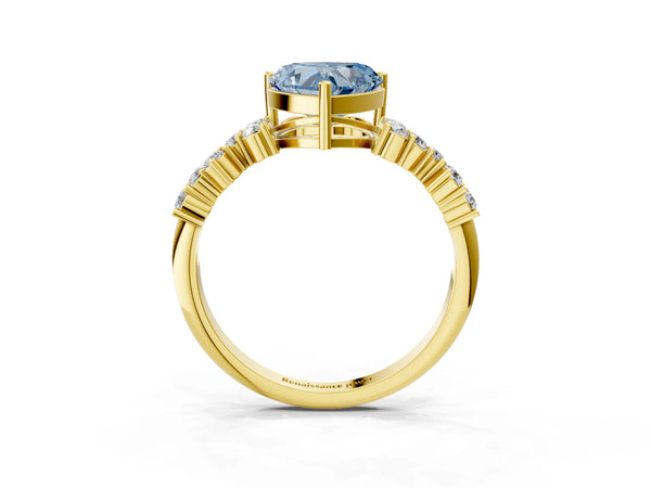 Yellow gold Fancy Blue Heart Cut Diamond Cluster Pavé Band with Four-Prong Setting