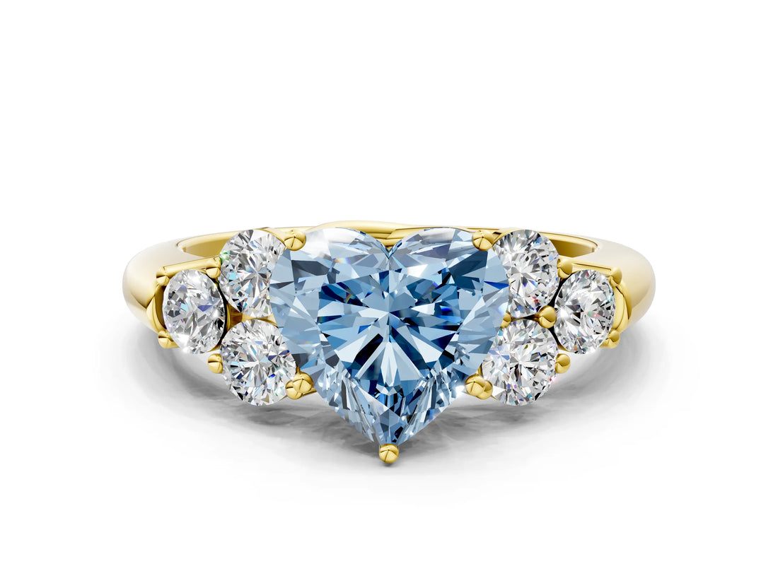Yellow gold Fancy Blue Heart  Cut Diamond Cluster Ring with Round Accent Stones and Prong Setting on a Classic Band_49