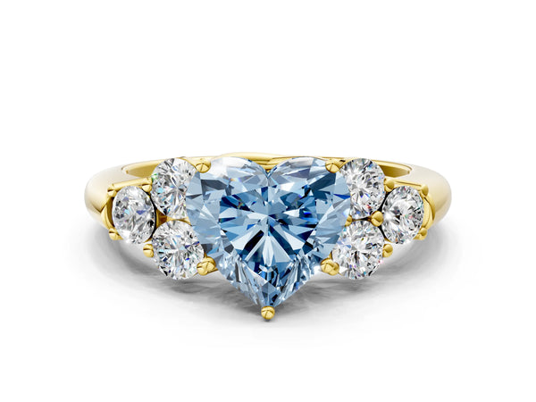 Yellow gold Fancy Blue Heart  Cut Diamond Cluster Ring with Round Accent Stones and Prong Setting on a Classic Band