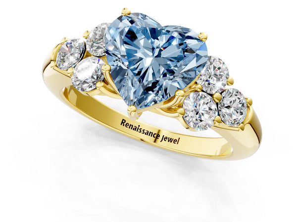 Yellow gold Fancy Blue Heart  Cut Diamond Cluster Ring with Round Accent Stones and Prong Setting on a Classic Band