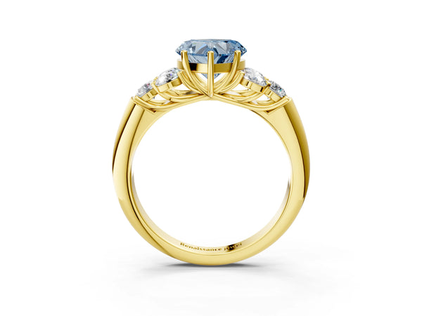 Yellow gold Fancy Blue Heart  Cut Diamond Cluster Ring with Round Accent Stones and Prong Setting on a Classic Band
