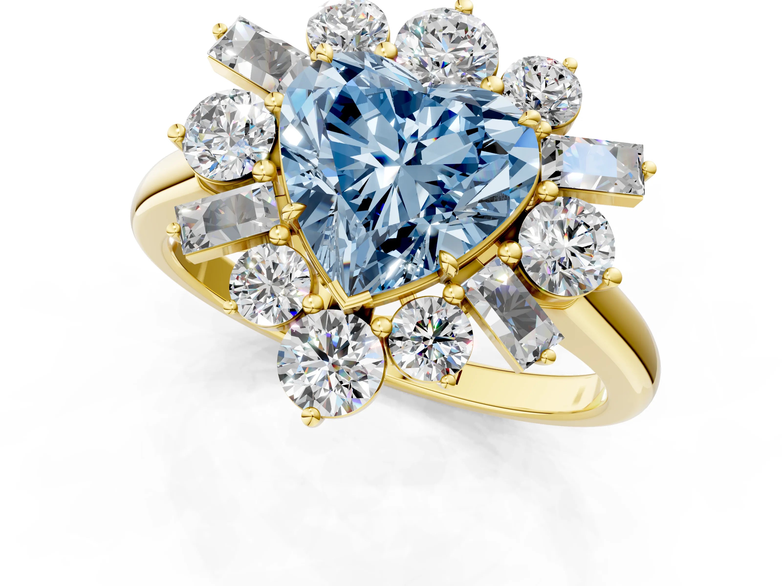 Yellow gold Fancy Blue Heart Cut Diamond Cluster Ring with Round and Baguette Stones, Split Shank Band, Prong Setting_1