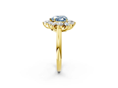 Yellow gold Fancy Blue Heart Cut Diamond Cluster Ring with Round and Baguette Stones, Split Shank Band, Prong Setting_2