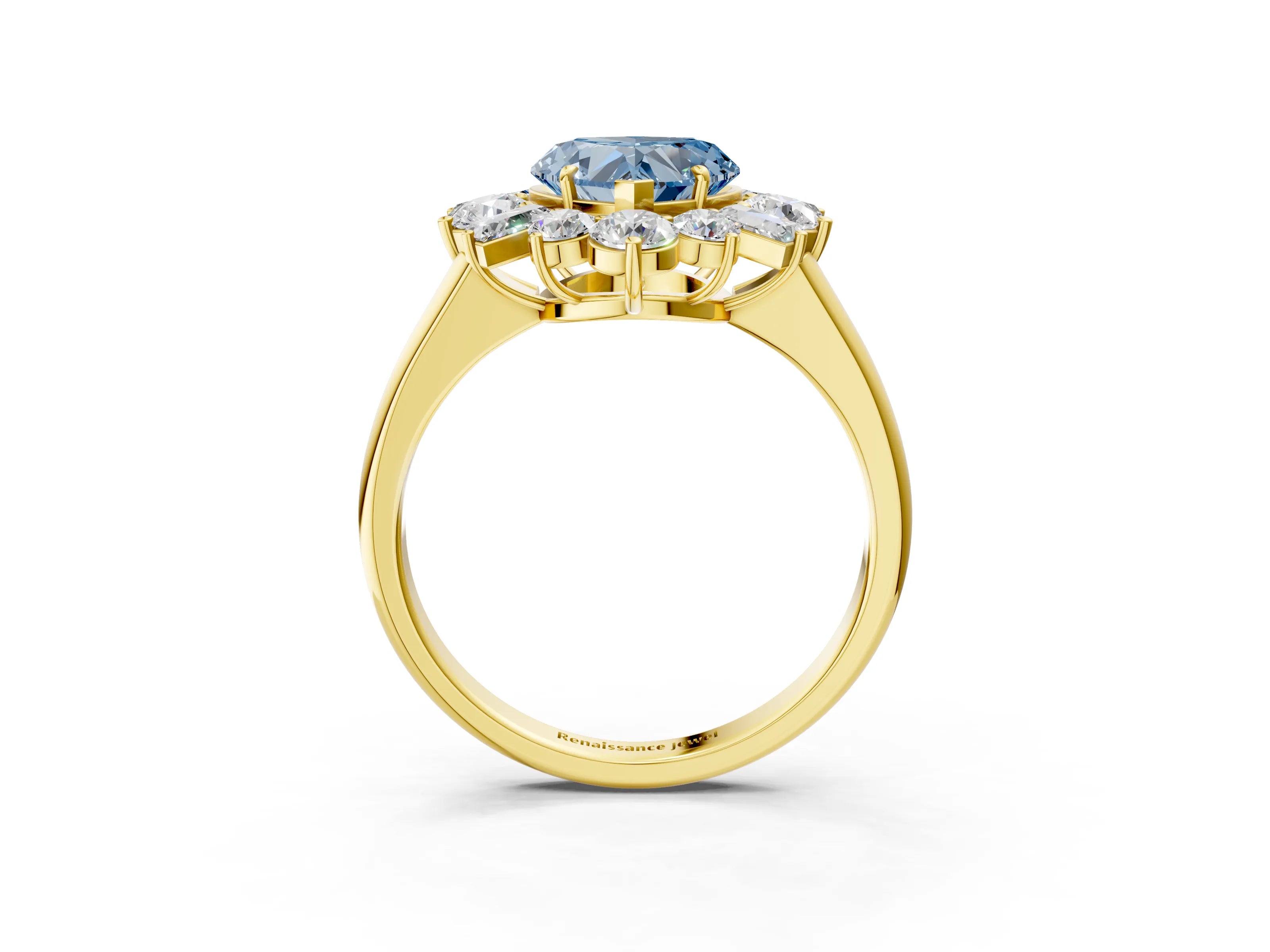 Yellow gold Fancy Blue Heart Cut Diamond Cluster Ring with Round and Baguette Stones, Split Shank Band, Prong Setting_3