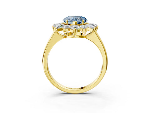 Yellow gold Fancy Blue Heart Cut Diamond Cluster Ring with Round and Baguette Stones, Split Shank Band, Prong Setting_3