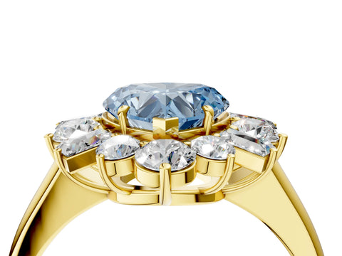 Yellow gold Fancy Blue Heart Cut Diamond Cluster Ring with Round and Baguette Stones, Split Shank Band, Prong Setting_4