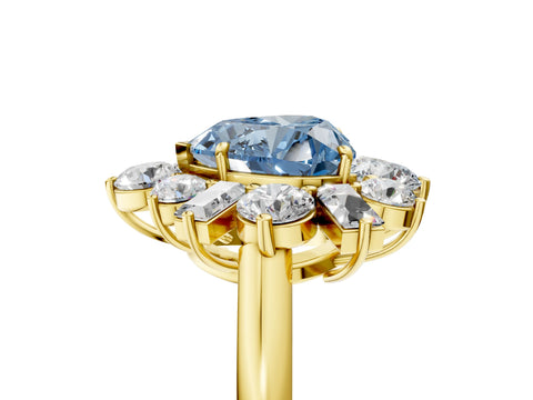 Yellow gold Fancy Blue Heart Cut Diamond Cluster Ring with Round and Baguette Stones, Split Shank Band, Prong Setting_5