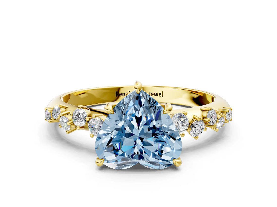 Yellow gold Fancy Blue Heart Cut Diamond Cluster Side Stone Solitaire Ring with Prong Setting_72