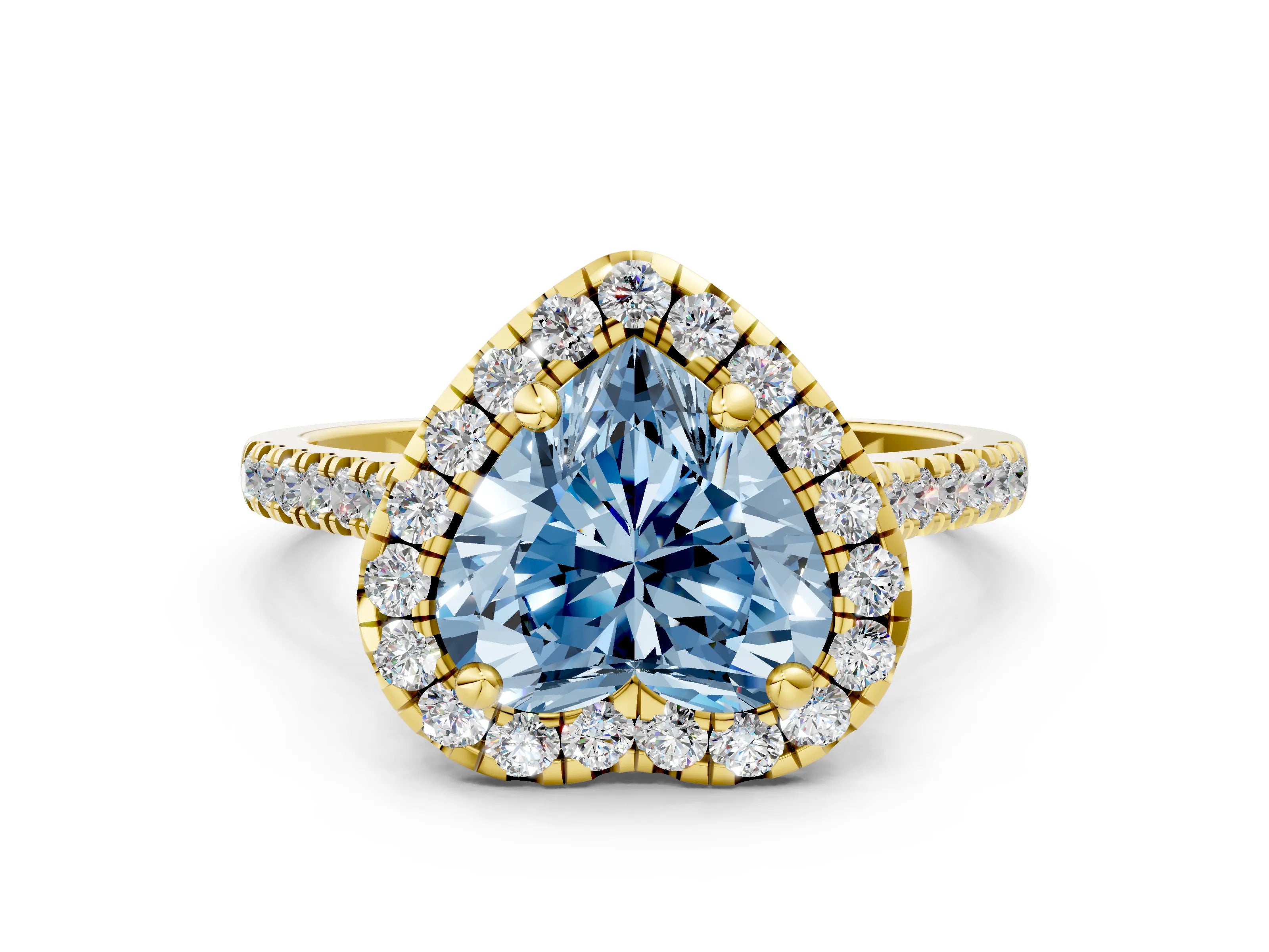 Yellow gold Fancy Blue Heart Cut Diamond Cushion Halo Ring with Pavé Band