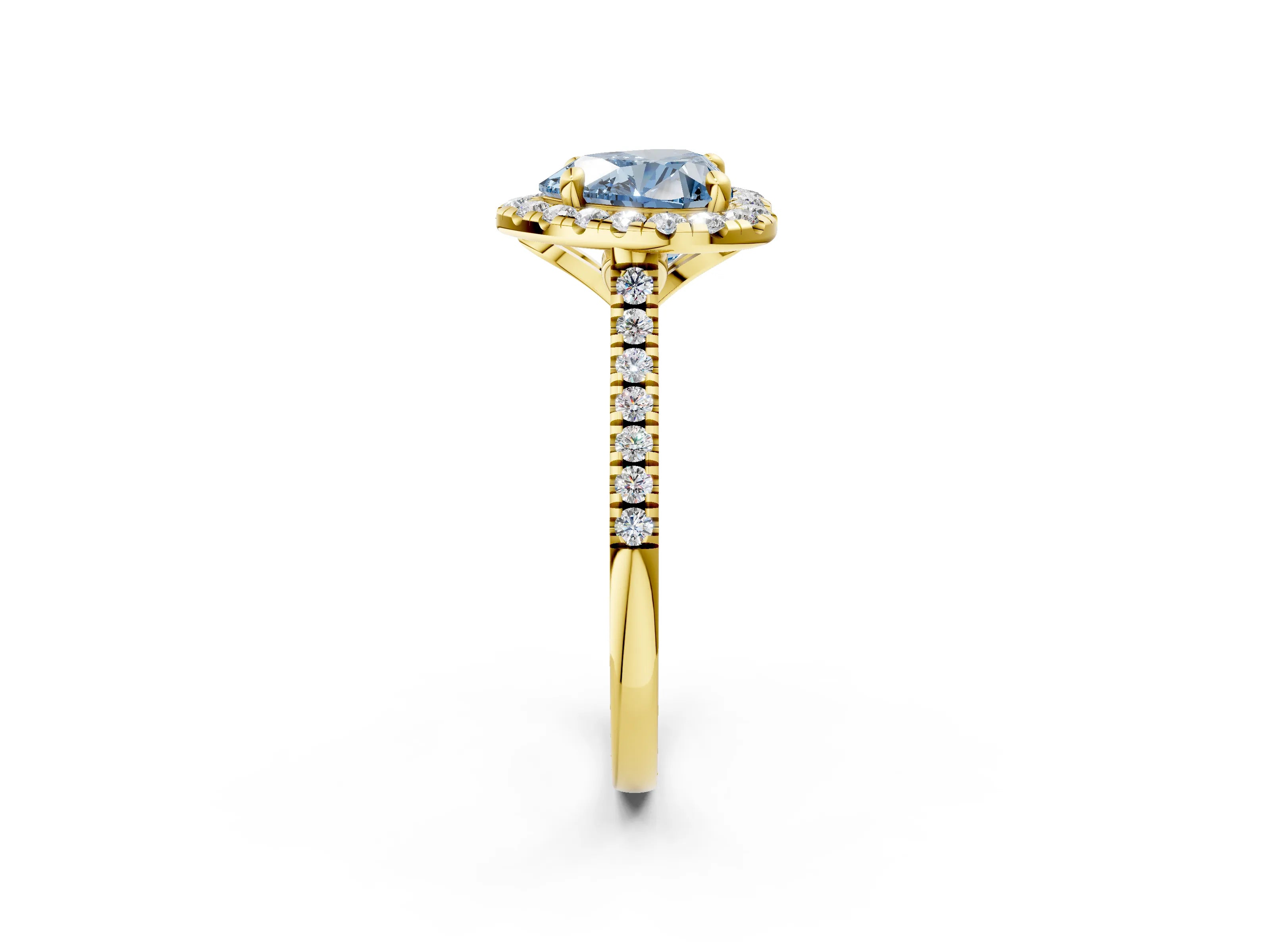 Yellow gold Fancy Blue Heart Cut Diamond Cushion Halo Ring with Pavé Band_2