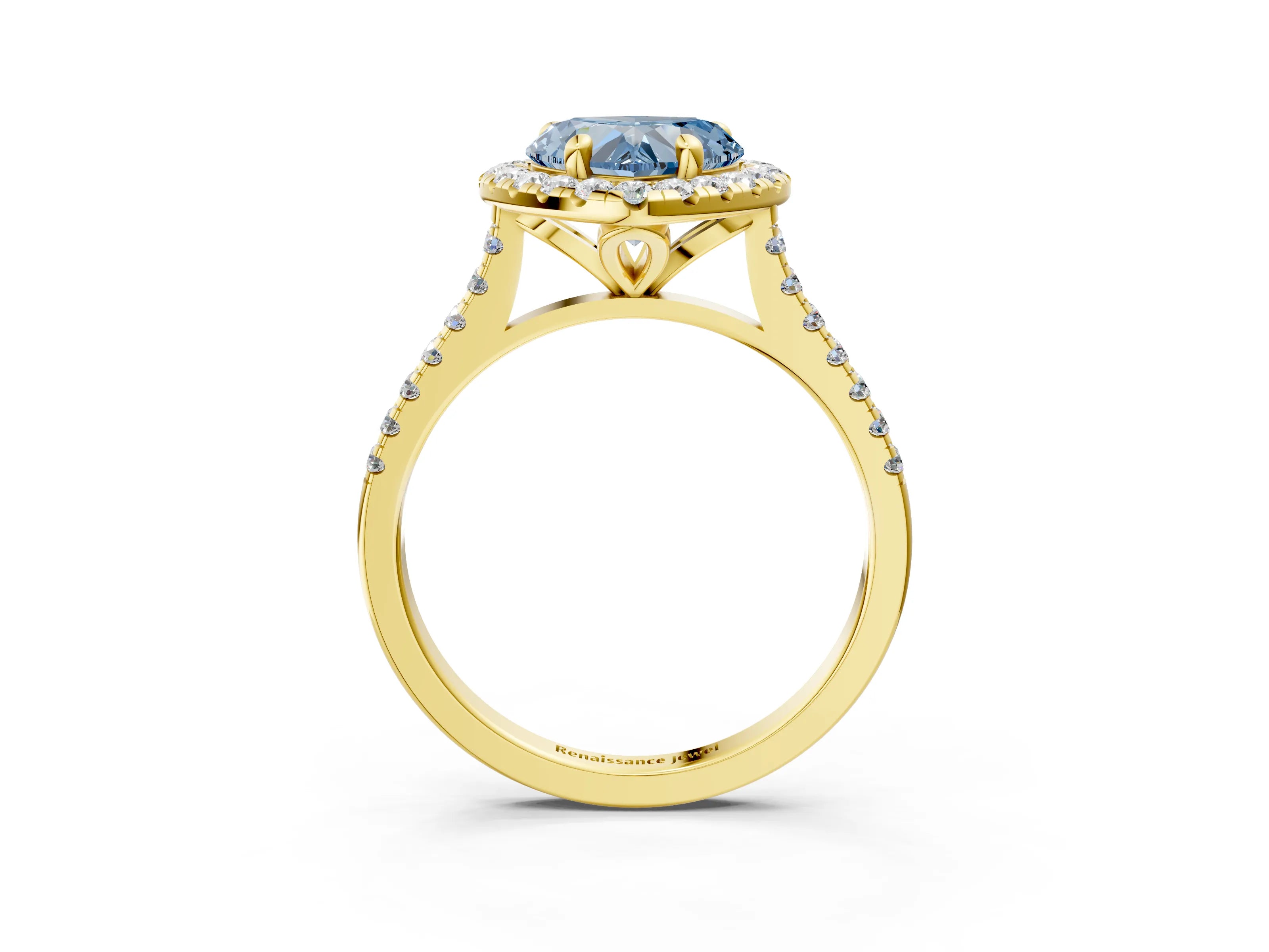 Yellow gold Fancy Blue Heart Cut Diamond Cushion Halo Ring with Pavé Band_3