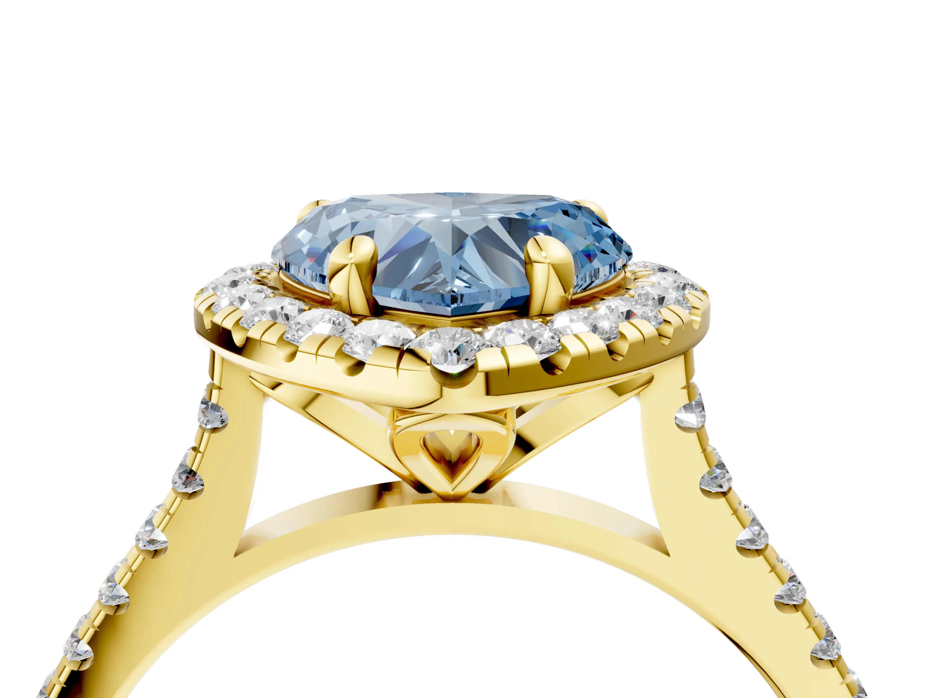 Yellow gold Fancy Blue Heart Cut Diamond Cushion Halo Ring with Pavé Band_4