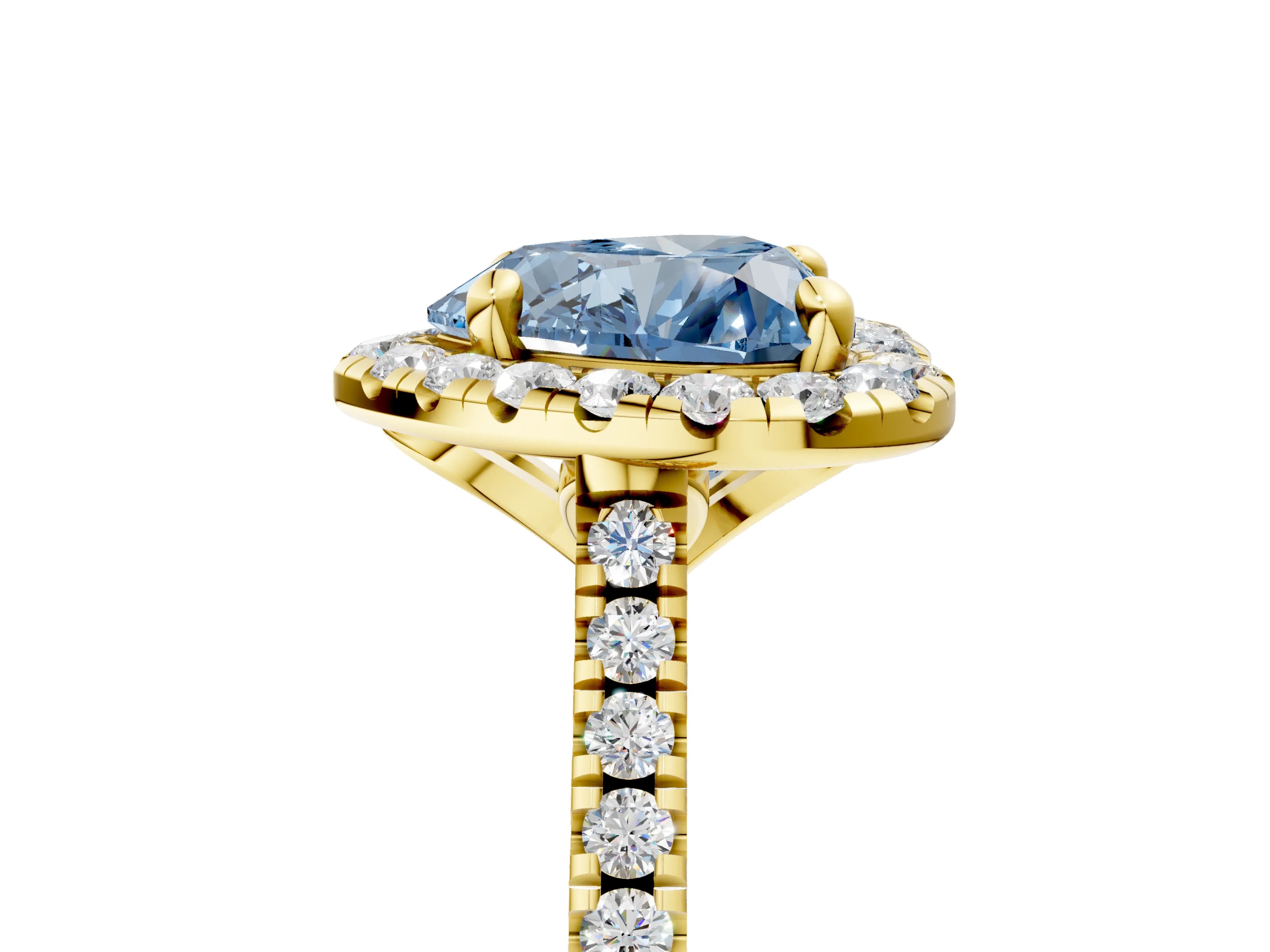 Yellow gold Fancy Blue Heart Cut Diamond Cushion Halo Ring with Pavé Band_5