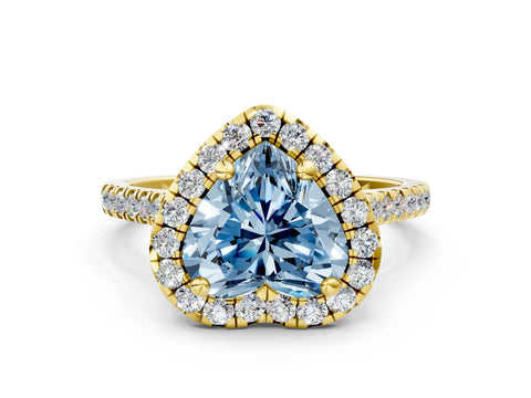 Yellow gold Fancy Blue Heart Cut Diamond Cushion Halo Ring with Pavé Band