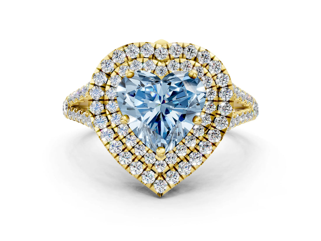 Yellow gold Fancy Blue Heart Cut Diamond Double Halo Ring with Pavé Band and Prong Setting_58