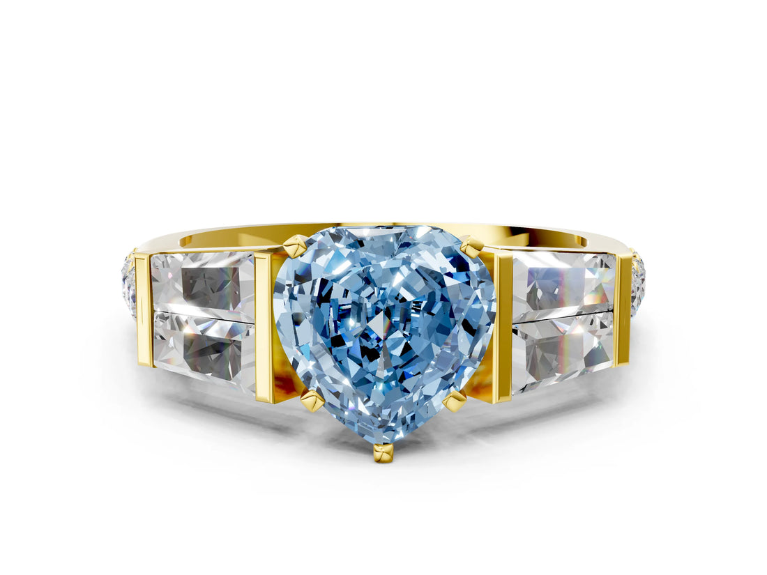 Yellow gold Fancy Blue Heart Cut Diamond Engagement Ring with Baguette Side Stones and Channel Set Band_20