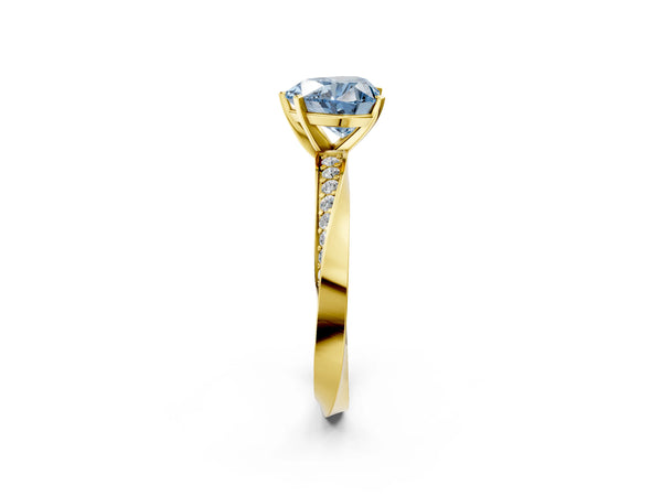 Yellow gold Fancy Blue Heart Cut Diamond Engagement Ring with Side Stone Accents and Four-Prong Setting