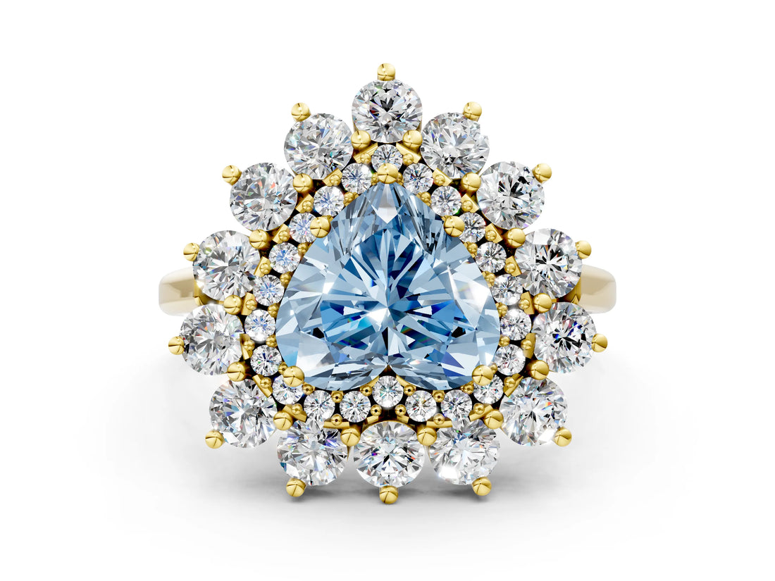 Yellow gold Fancy Blue Heart Cut Diamond Floral Double Halo Engagement Ring with Prong Setting_25