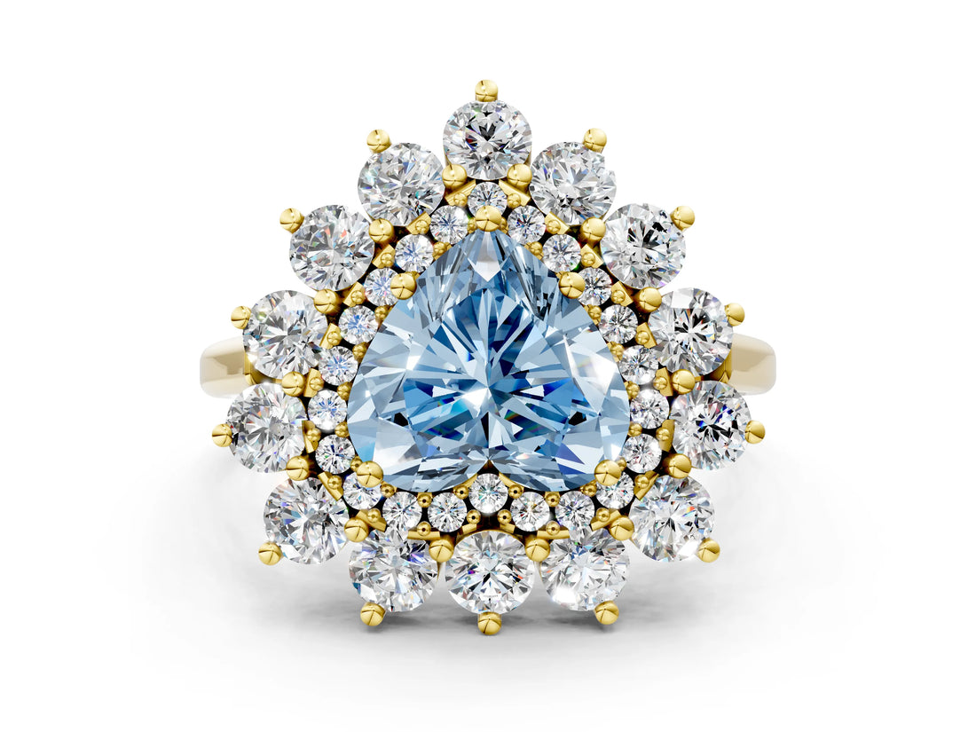 Yellow gold Fancy Blue Heart Cut Diamond Floral Double Halo Engagement Ring with Prong Setting_61