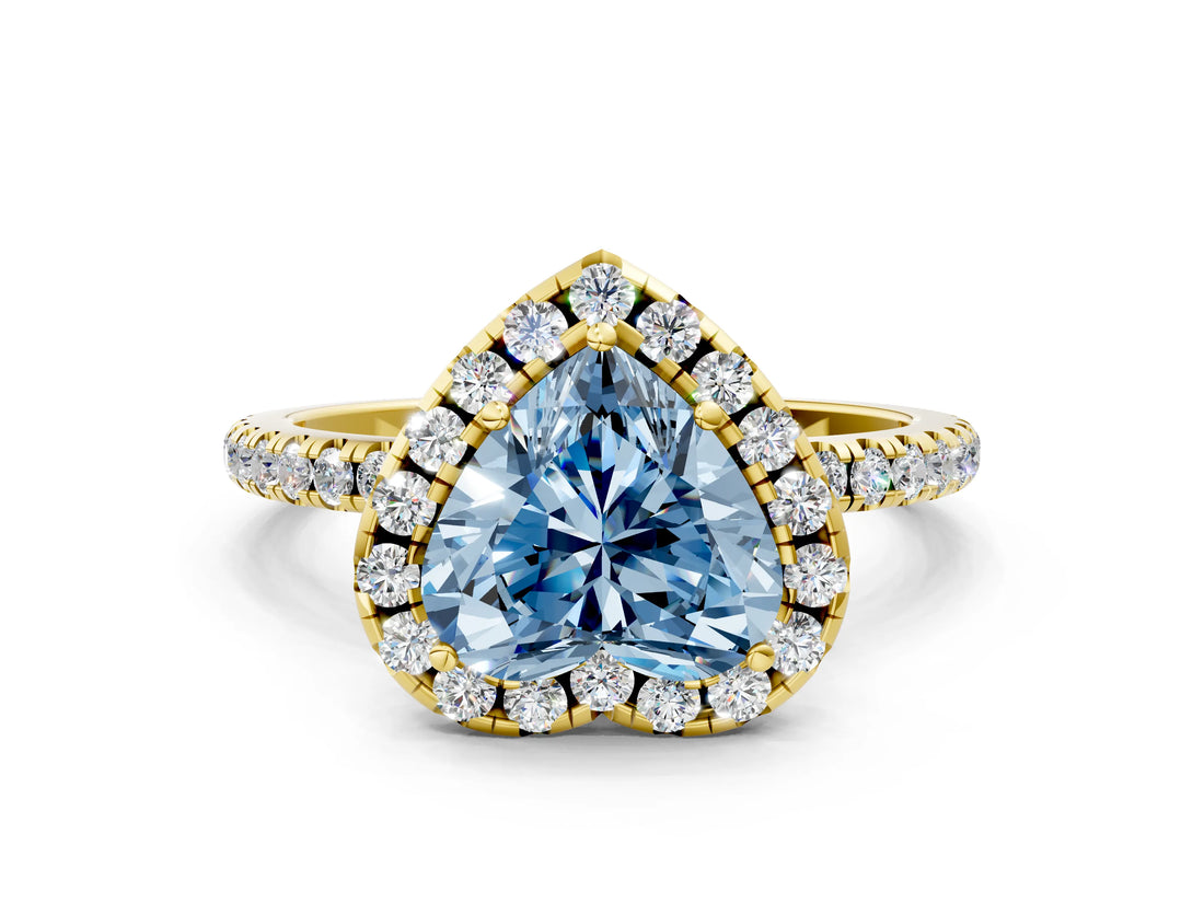 Yellow gold Fancy Blue Heart  Cut Diamond Floral Halo Engagement Ring with Pavé Band and Prong Setting_37