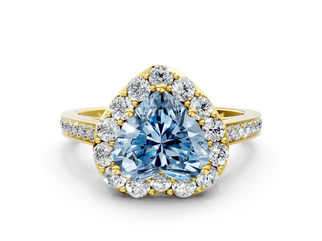 Yellow gold Fancy Blue Heart Cut Diamond Floral Halo Ring with Pavé Band and Prong Setting_3