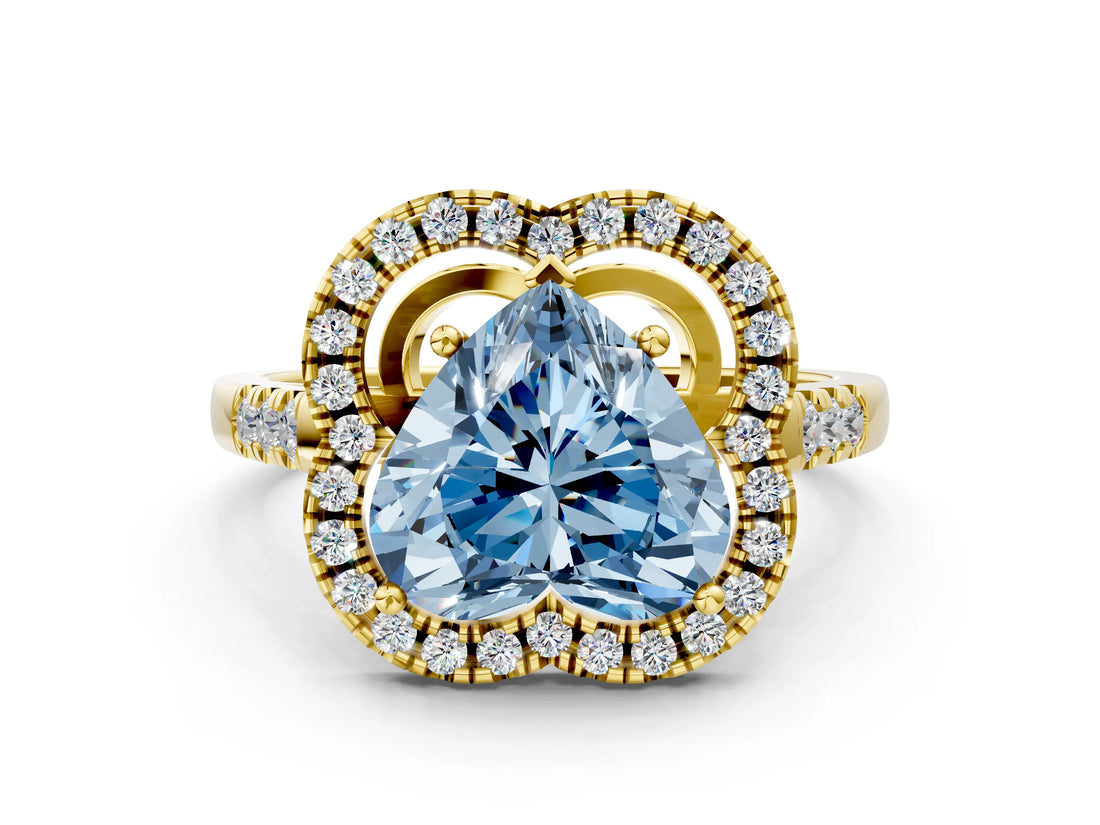 Yellow gold Fancy Blue Heart Cut Diamond Floral Halo Split Shank Prong Setting Ring