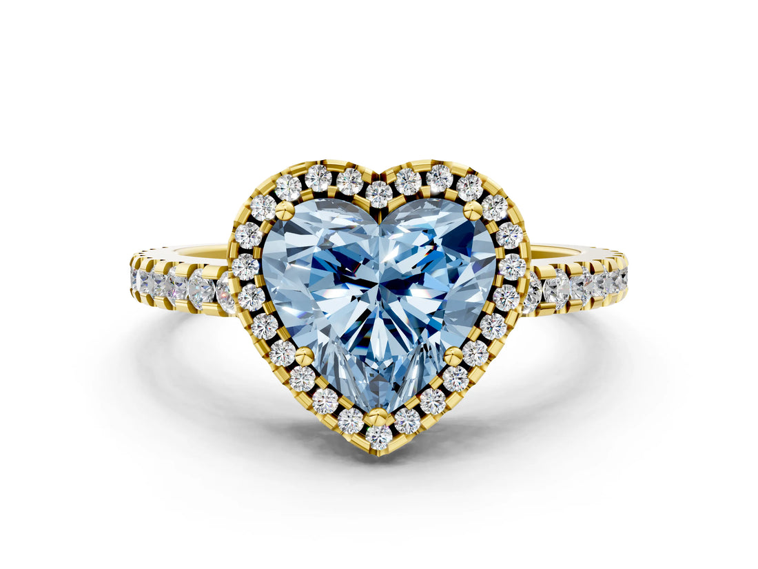 Yellow gold Fancy Blue Heart Cut Diamond Halo Engagement Ring with Pavé Band and Prong Setting_27