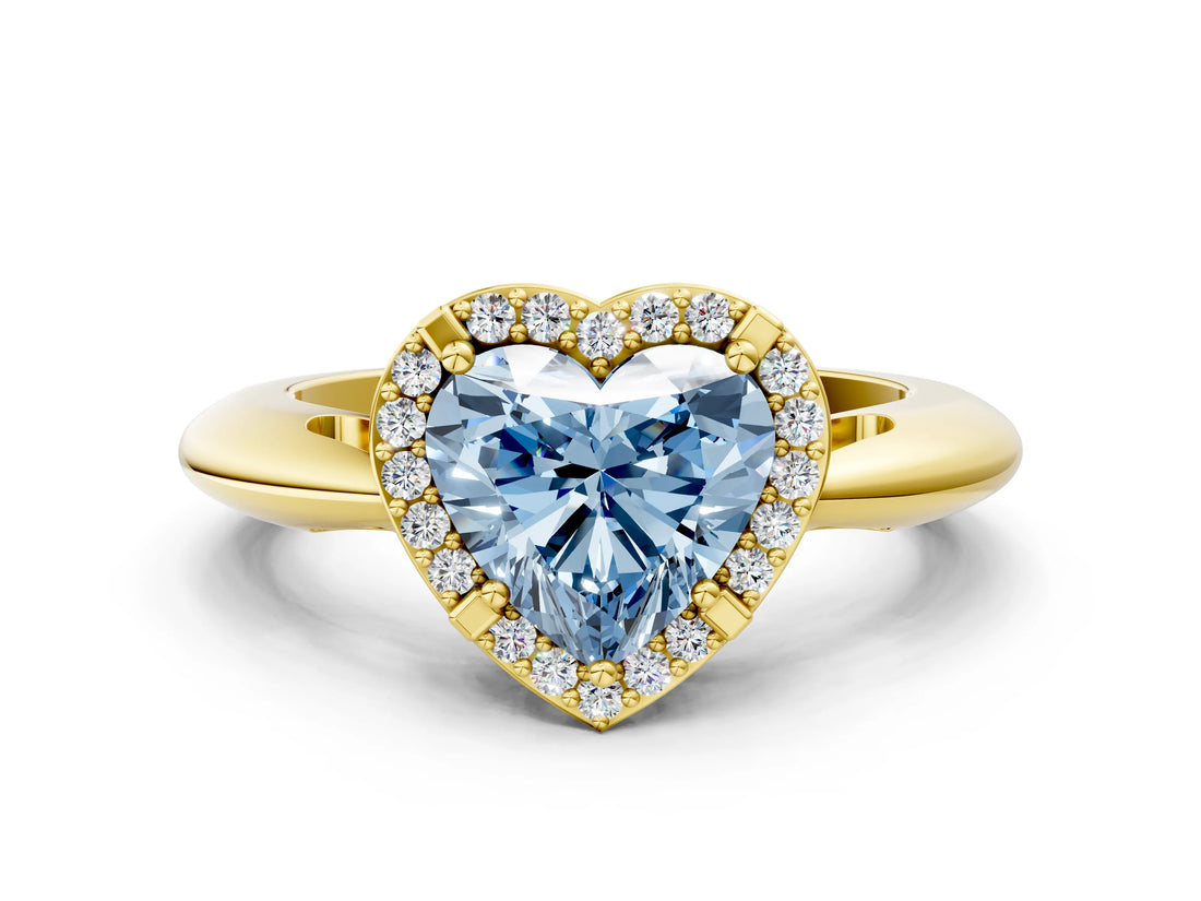 Yellow gold Fancy Blue Heart  Cut Diamond Halo Engagement Ring with Split Shank and Four-Prong Setting_90