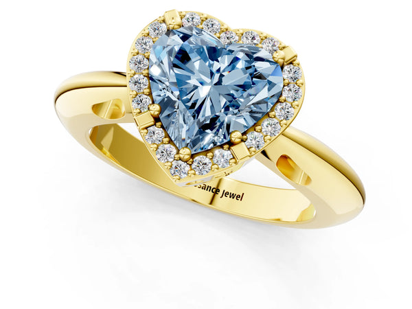 Yellow gold Fancy Blue Heart  Cut Diamond Halo Engagement Ring with Split Shank and Four-Prong Setting
