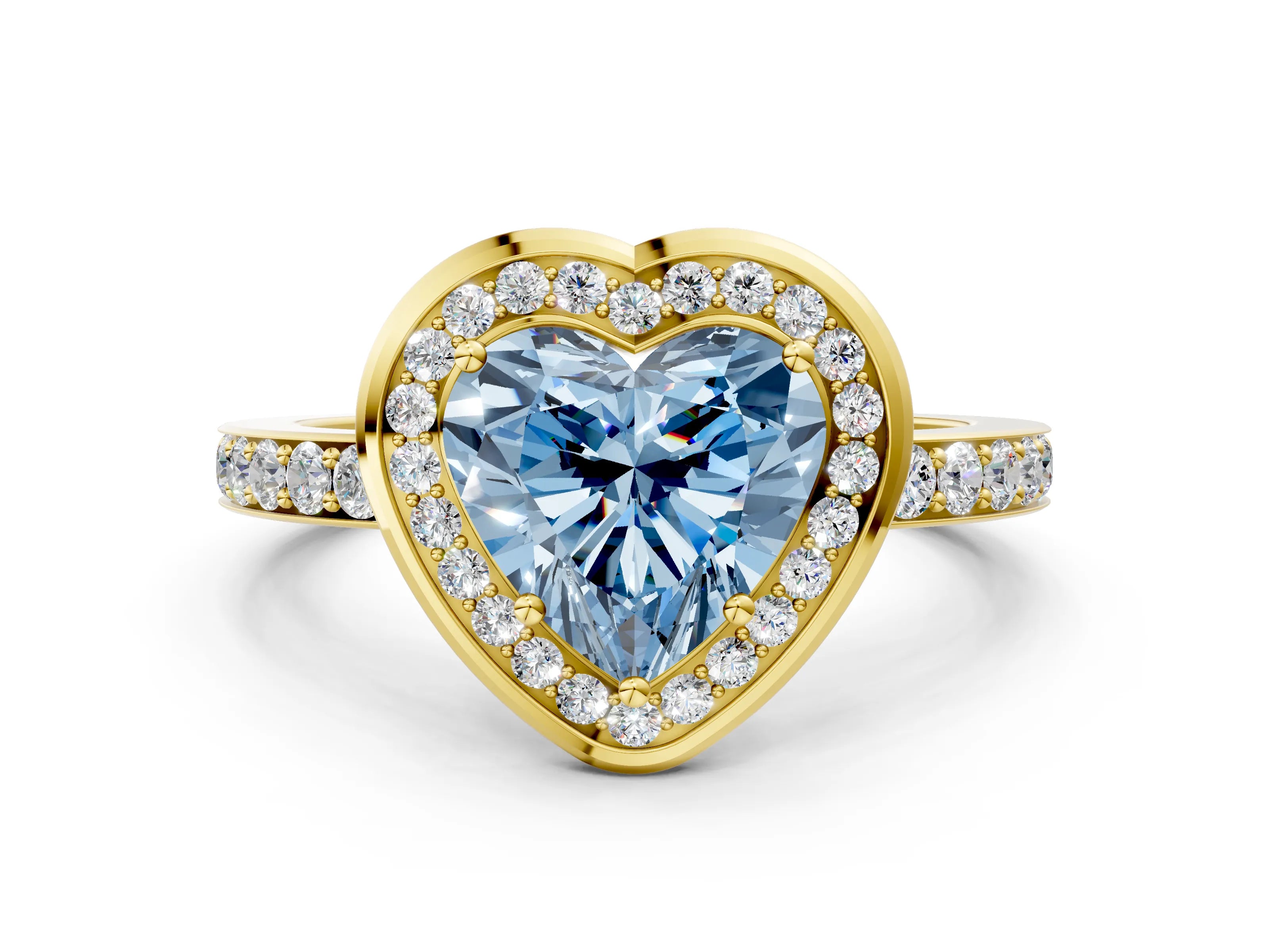 Yellow gold Fancy Blue Heart Cut Diamond Halo Ring with Bezel Frame and Pavé Band