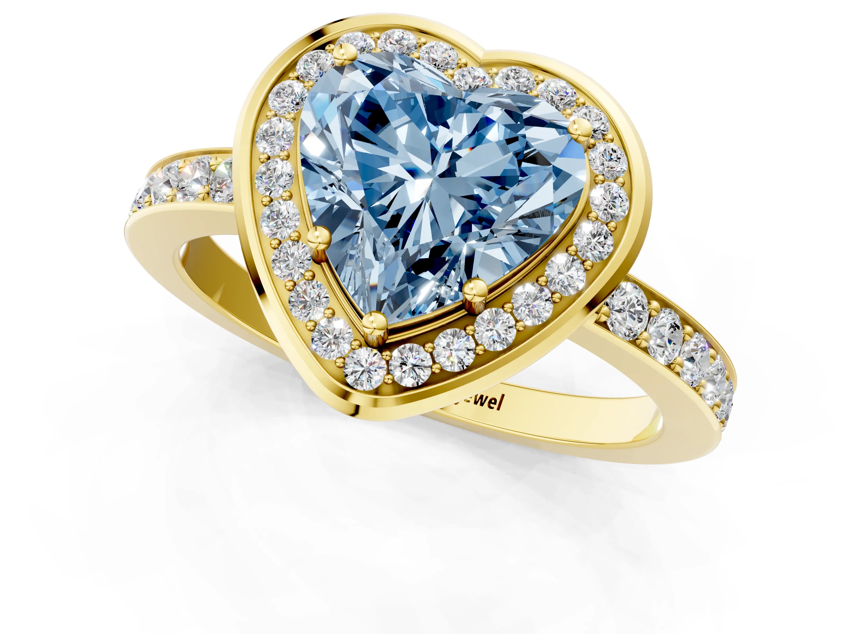 Yellow gold Fancy Blue Heart Cut Diamond Halo Ring with Bezel Frame and Pavé Band_1