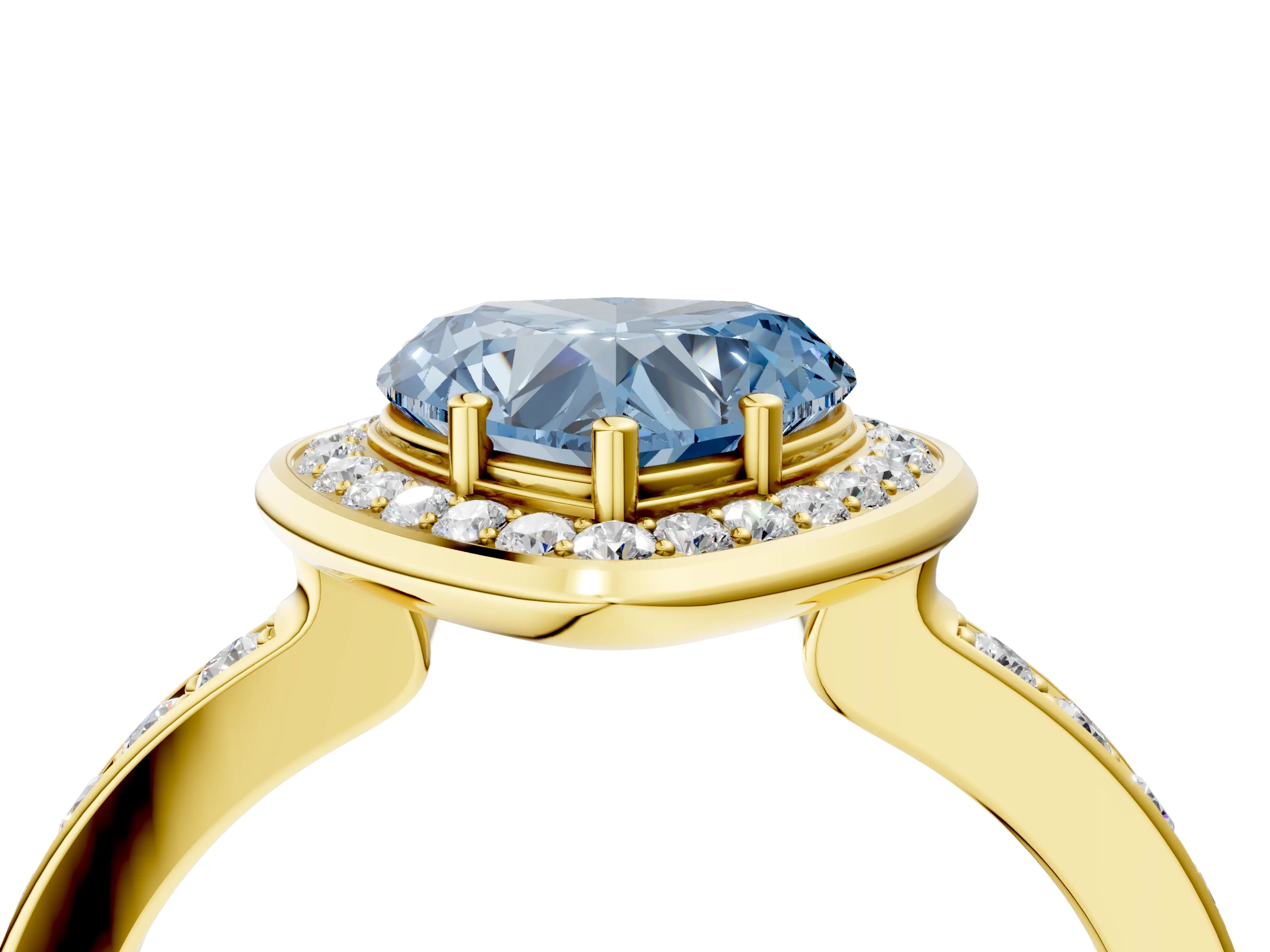 Yellow gold Fancy Blue Heart Cut Diamond Halo Ring with Bezel Frame and Pavé Band_4
