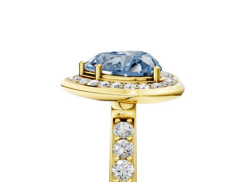 Yellow gold Fancy Blue Heart Cut Diamond Halo Ring with Bezel Frame and Pavé Band_5