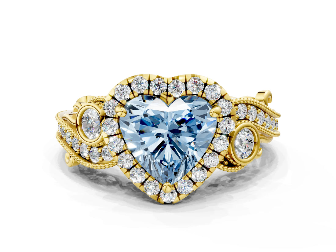 Yellow gold Fancy Blue Heart Cut Diamond Halo Ring with Milgrain Pavé Band and Four-Prong Setting_54