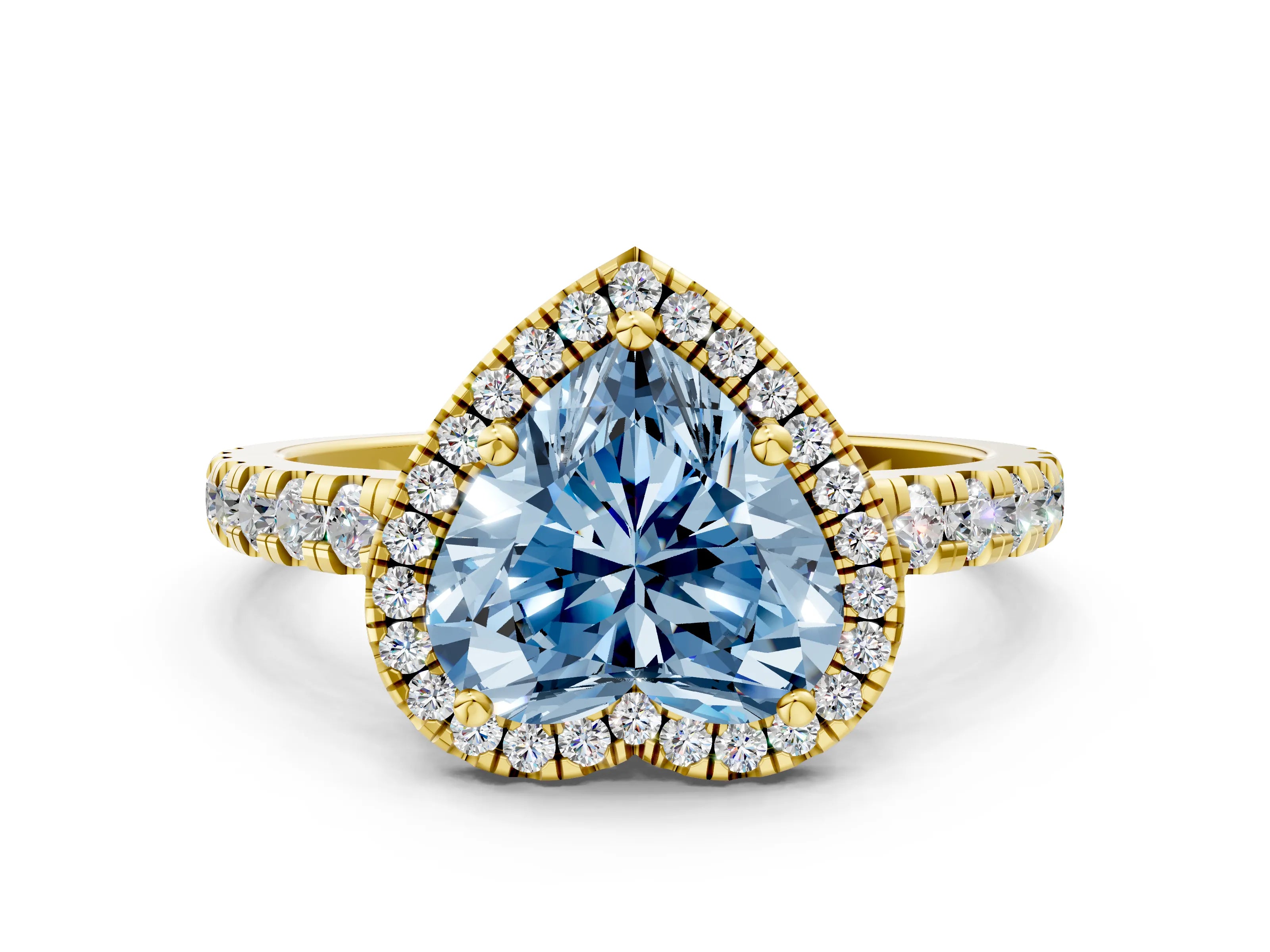 Yellow gold Fancy Blue Heart Cut Diamond Halo Ring with Pavé Band and Four-Prong Setting