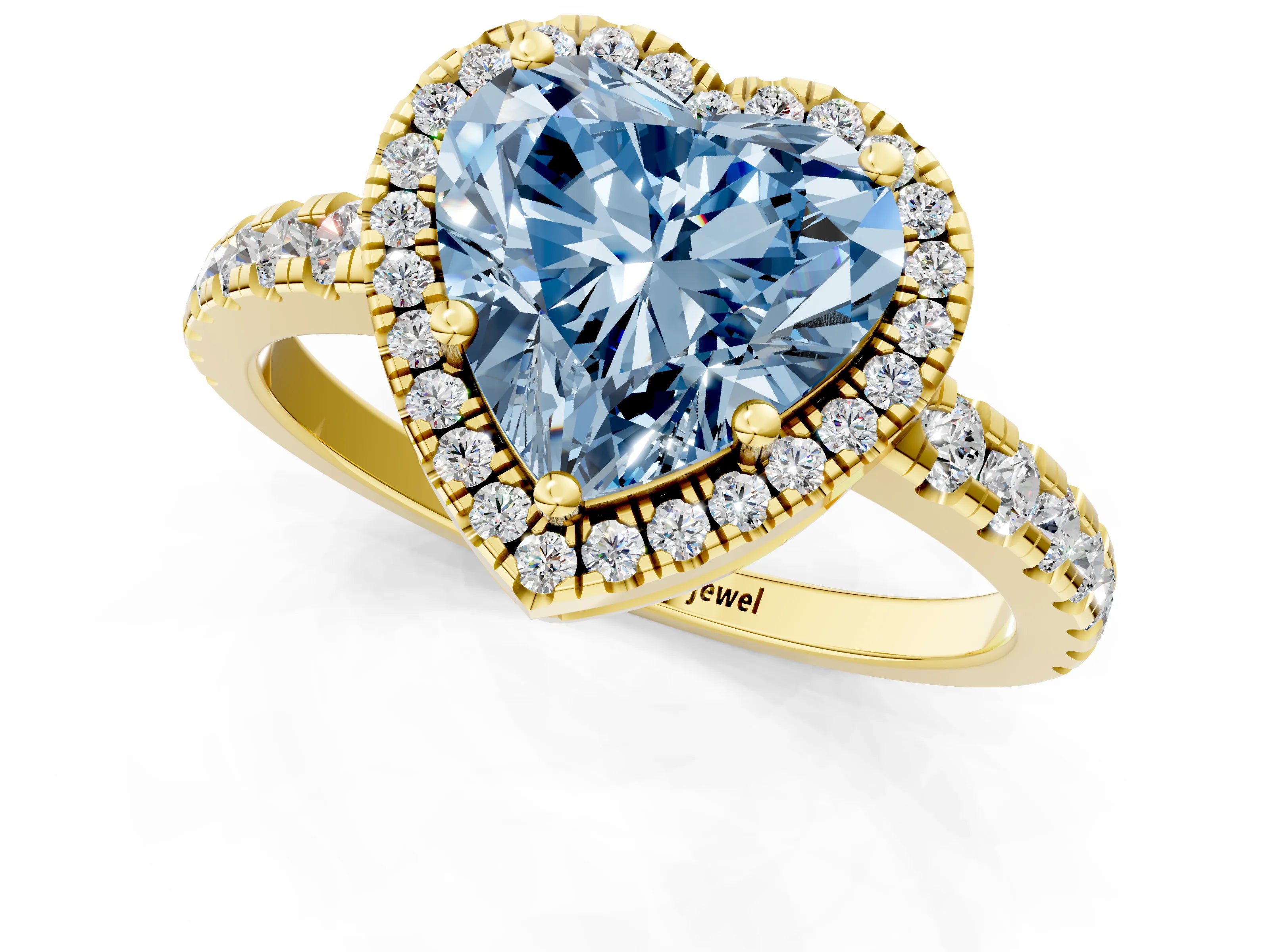 Yellow gold Fancy Blue Heart Cut Diamond Halo Ring with Pavé Band and Four-Prong Setting_1