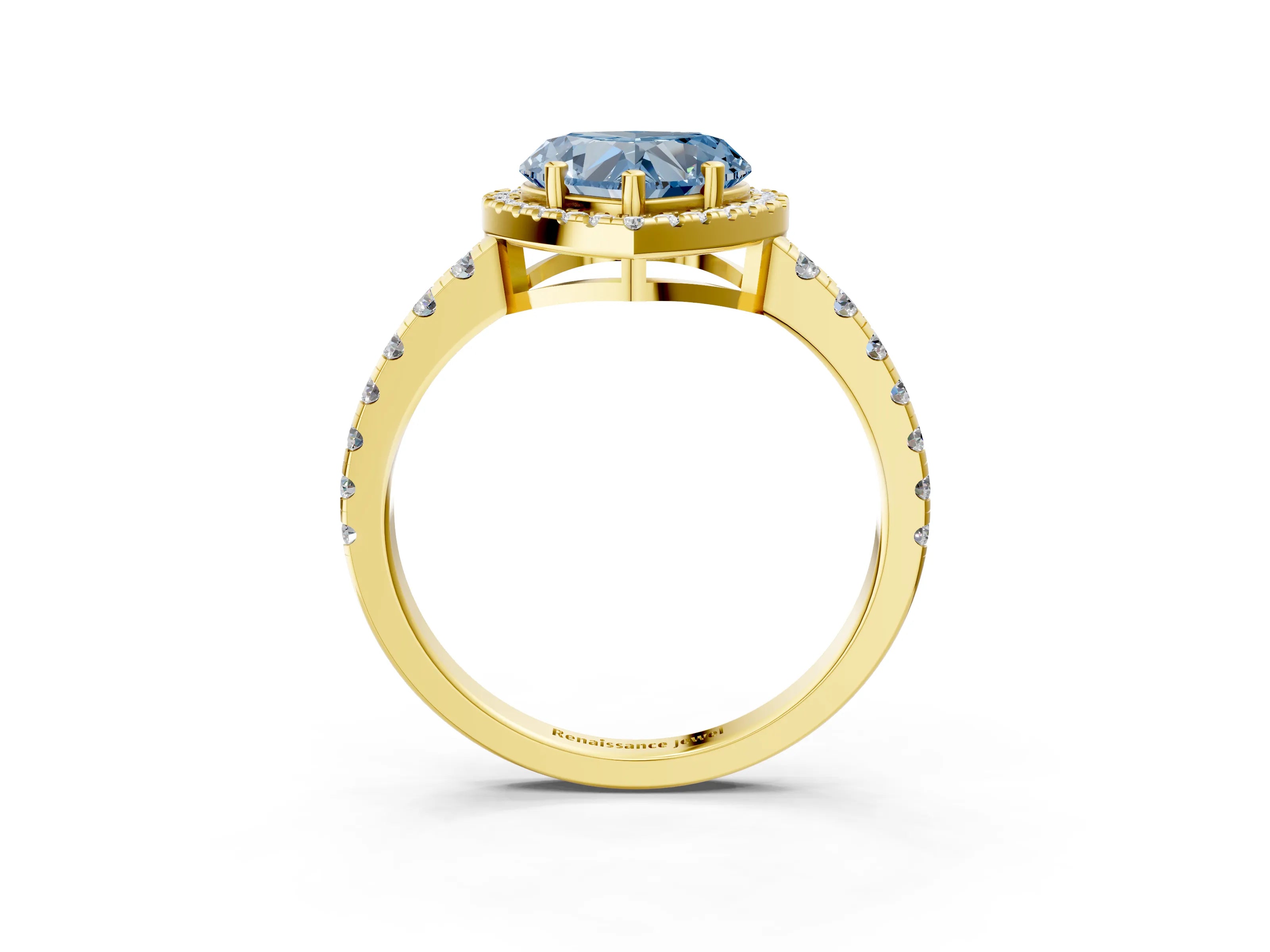 Yellow gold Fancy Blue Heart Cut Diamond Halo Ring with Pavé Band and Four-Prong Setting_3