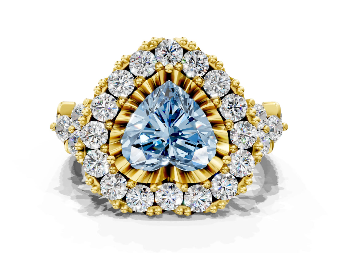 Yellow gold Fancy Blue Heart Cut Diamond Halo Ring with Pavé Band and Four-Prong Setting_41