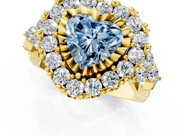 Yellow Gold Heart-Shaped Halo Crossover Pave Engagement Ring Setting for Fancy Blue Center