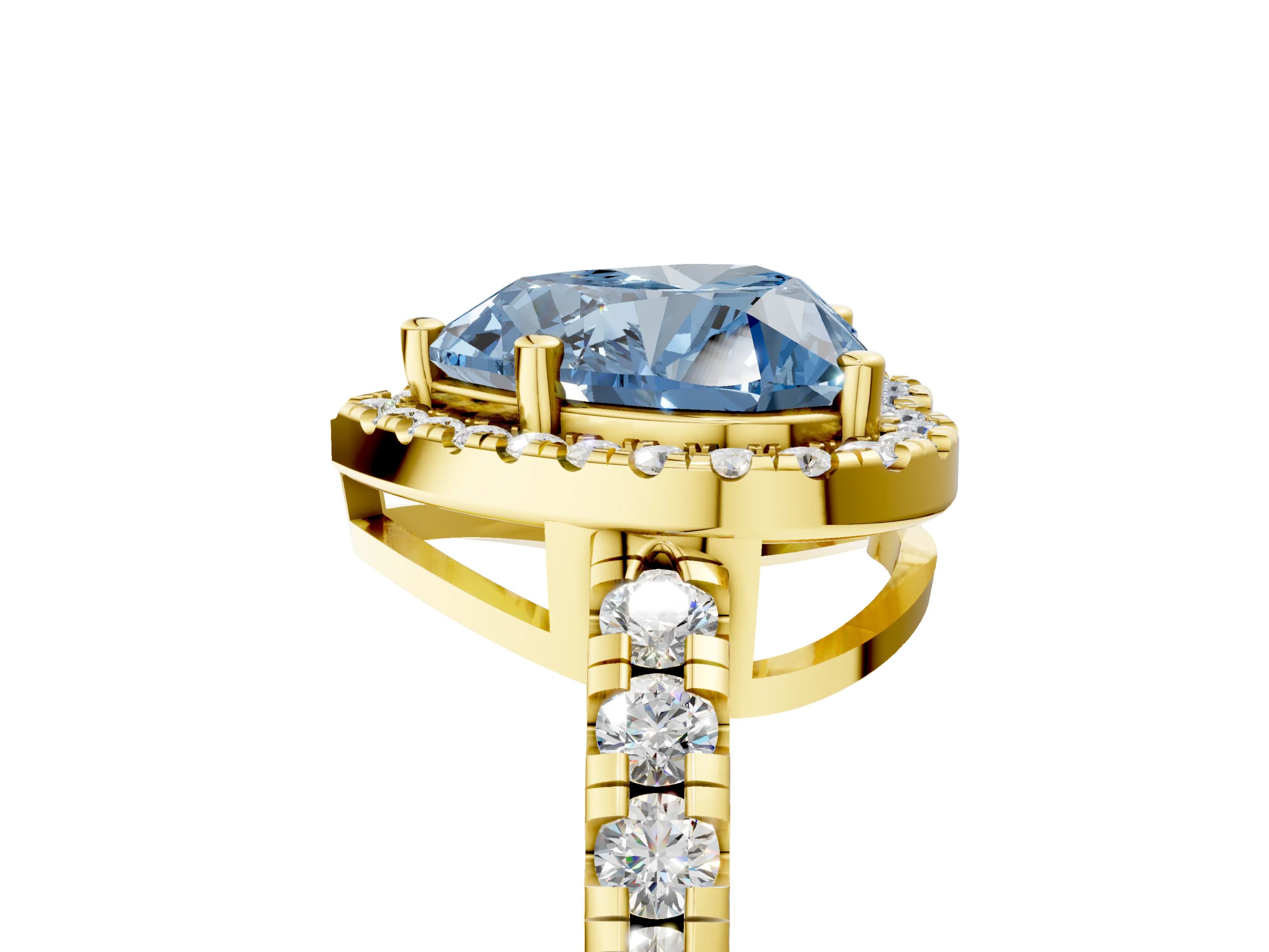 Yellow gold Fancy Blue Heart Cut Diamond Halo Ring with Pavé Band and Four-Prong Setting_5