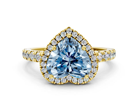 Yellow gold Fancy Blue Heart Cut Diamond Halo Ring with Pavé Band and Four-Prong Setting