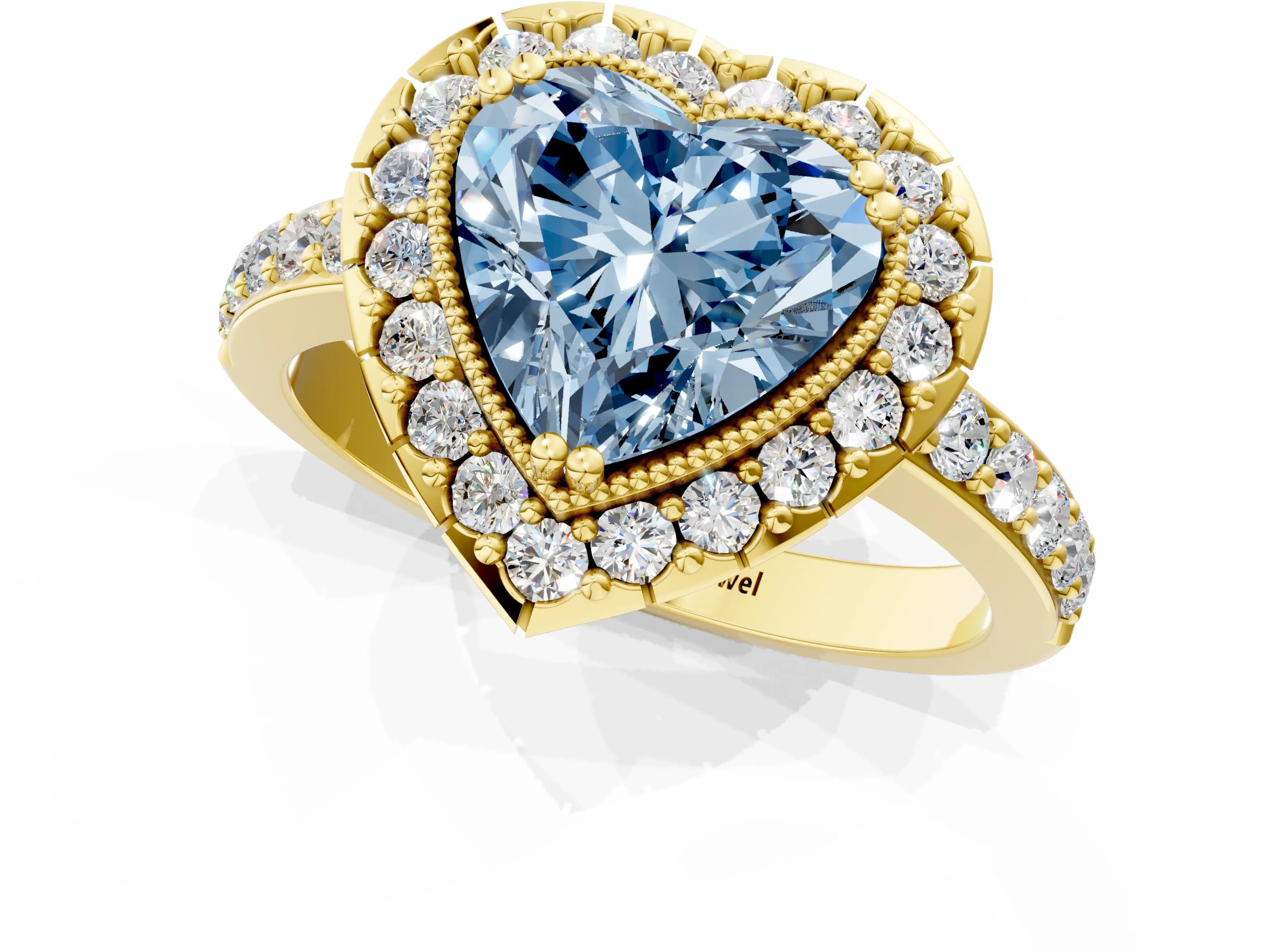 Yellow gold Fancy Blue Heart Cut Diamond Halo Ring with Pavé Band and Prong Setting_1