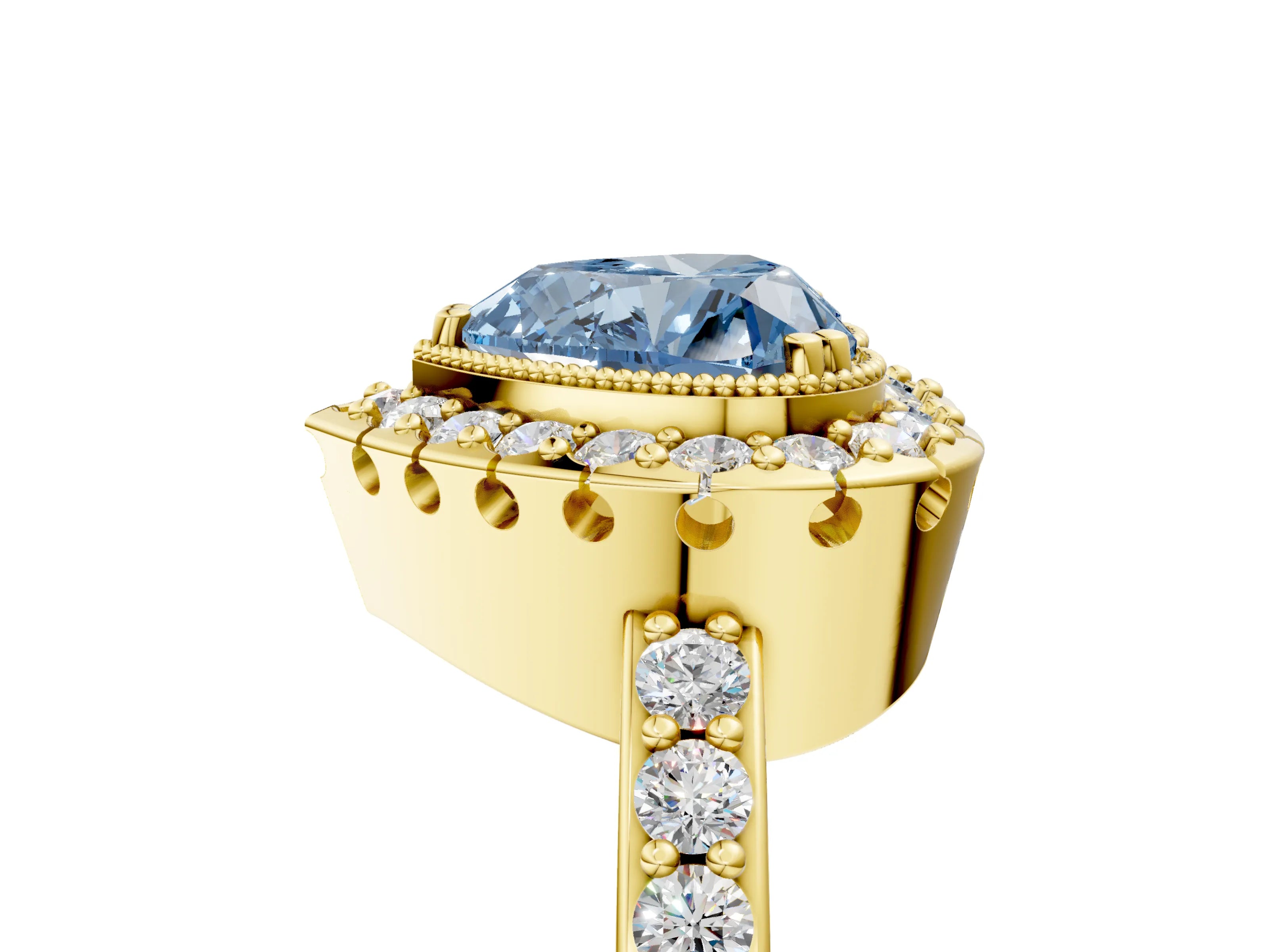 Yellow gold Fancy Blue Heart Cut Diamond Halo Ring with Pavé Band and Prong Setting_5