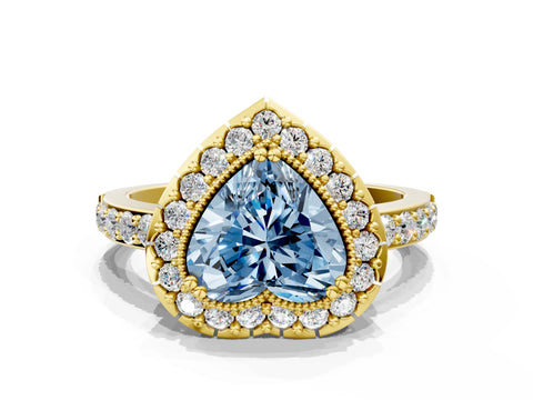 Yellow gold Fancy Blue Heart Cut Diamond Halo Ring with Pavé Band and Prong Setting