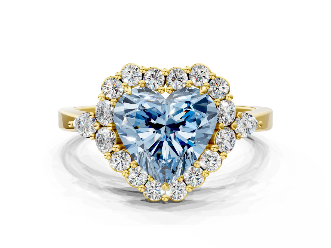 Yellow gold Fancy Blue Heart Cut Diamond Halo Ring with Pear Side Stones and Prong Setting_68