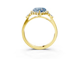 Yellow gold Fancy Blue Heart Cut Diamond Halo Ring with Pear Side Stones and Prong Setting_71