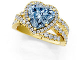 Yellow gold Fancy Blue Heart Cut Diamond Halo Ring with Round Split Shank and Prong Setting_38
